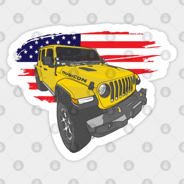 Jeep Wrangler with American Flag - Yellow Sticker by 4x4 Sketch